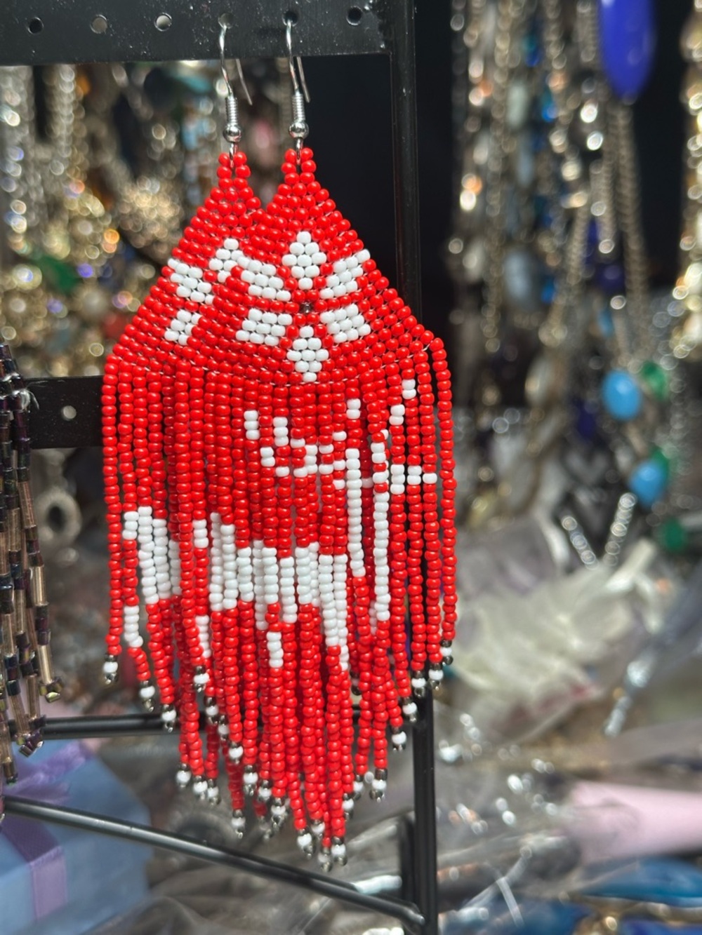 Red and White Beaded Fringe Earrings with Reindeer Motif